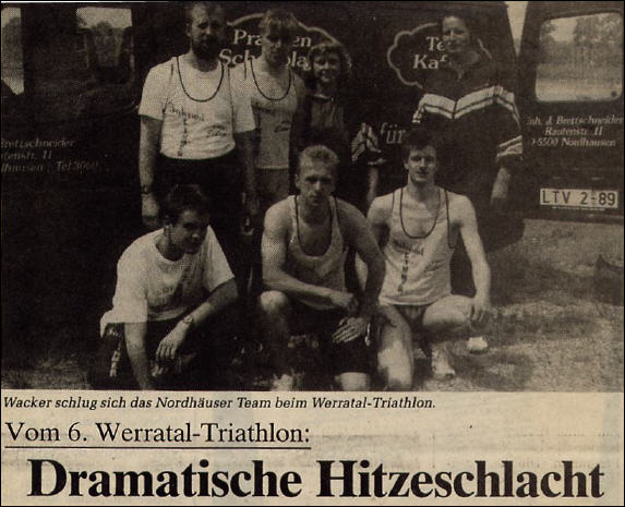 Werratal-Triathlon 1991 in Immelborn, Qualifikation für die deutschen Meisterschaften der Junioren; stehend v.l. B.Brettschneider, U.Konschak, S.Limmer, C.Limmer, sitzend v.l. B.Stiller, F.Krönert, S.Kopf - Foto: privat